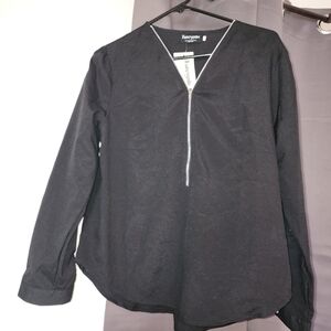 Black Zip-Front V-Neck Blouse